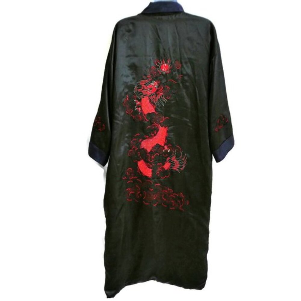 2 for 1 Reversible Robe Satin Dragon Kimono Robe Navy Black Gold Red Pockets XL